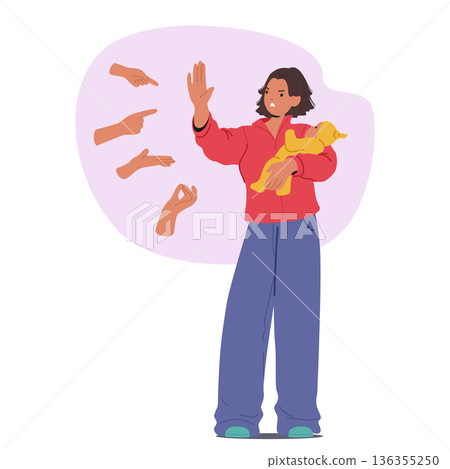 Furious woman bravely defending baby child from multiple intrusive hands of people citizens 136355250