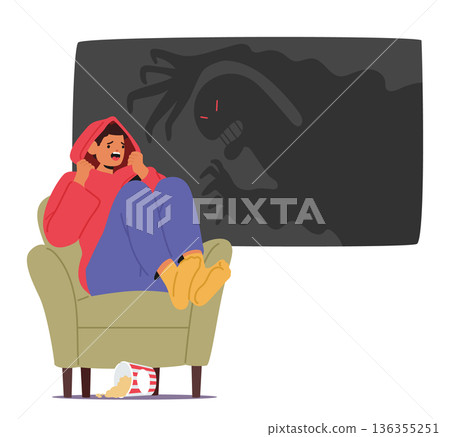 Terrified male teenager character reacting to scary movie watching horror film at home scene Terrified male teenager character reacting to scary movie watching horror film at home scene 136355251