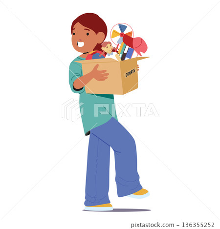 Happy smiling cute girl little helper carrying cardboard donate box with toys isolated on white Happy smiling cute girl little helper carrying cardboard donate box with toys isolated on white 136355252