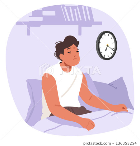 Sleepy young man cartoon character messy hair waking up in bed during his morning routine scene Sleepy young man cartoon character messy hair waking up in bed during his morning routine scene 136355254