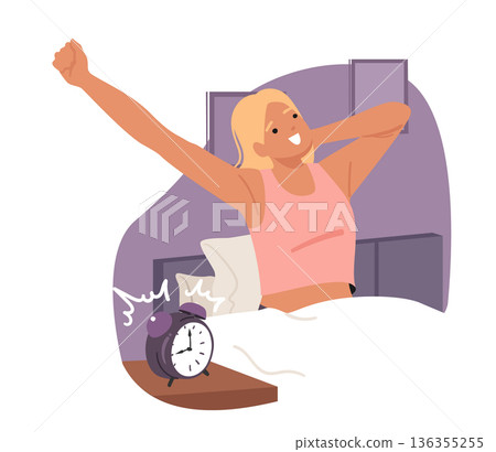 Happy woman cartoon character waking up in bed in morning feeling good and stretching cheerfully 136355255
