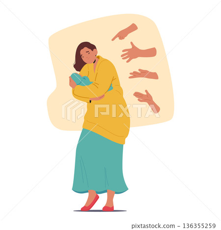 Young mother protecting baby child from multiple reaching diverse hands of people citizen scene Young mother protecting baby child from multiple reaching diverse hands of people citizen scene 136355259