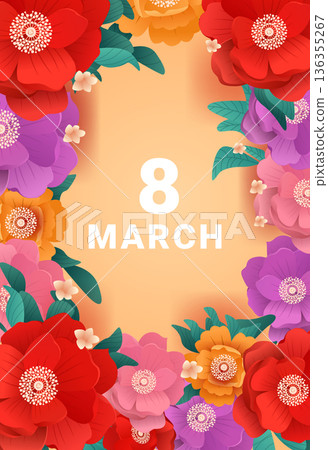 8 March womens day floral background colorful flowers border vibrant petals green leaves orange gradient decorative template 8 March womens day floral background colorful flowers border vibrant petals green leaves orange gradient decorative template 136355267