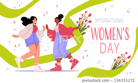 8 March womens day celebration two happy women dancing flowers confetti abstract green ribbon festive background website banner 8 March womens day celebration two happy women dancing flowers confetti abstract green ribbon festive background website banner 136355272