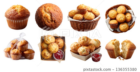 Set of basic plain classic muffin, quickbread, cake in a cup-shaped container, rattan basket, takeout box plastic bag with jam spread, stack pile broken bitten, transparent cutout PNG. Many mockup 136355380