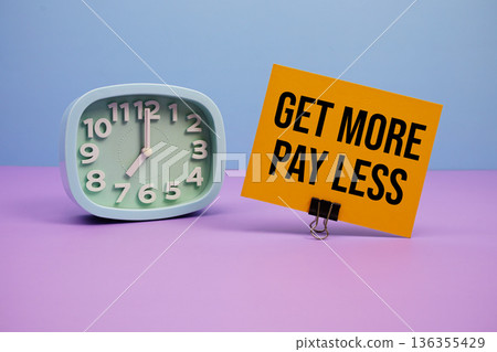 Get More Pay Less text and alarm clock on blue and purple background Get More Pay Less text and alarm clock on blue and purple background 136355429