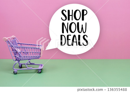 Shop Now Deals text with trolley shopping cart Shop Now Deals text with trolley shopping cart 136355488