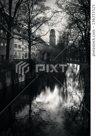 Historic European Buildings Along a Canal in Black and White 136355525