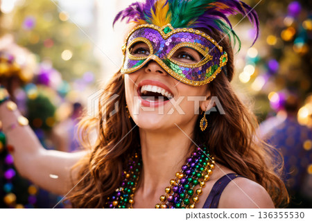 Portrait of woman in carnival mask and beads celebrating Mardi Gras festival on blurred party background. Portrait of woman in carnival mask and beads celebrating Mardi Gras festival on blurred party background. 136355530