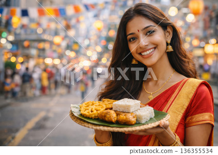 Sinhala and Tamil New Year celebration. Woman in sari holding sweets on street background. Sinhala and Tamil New Year celebration. Woman in sari holding sweets on street background. 136355534