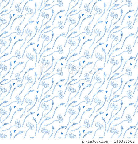 Vintage floral design, delicate white and blue seamless pattern. Garden, small wildflowers, small floral vector pattern. Design for fashion, fabrics, textiles, and wallpaper. Vector blue illustration 136355562