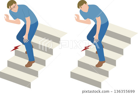 Illustration of a senior man whose knee hurts when going down the stairs Illustration of a senior man whose knee hurts when going down the stairs 136355699