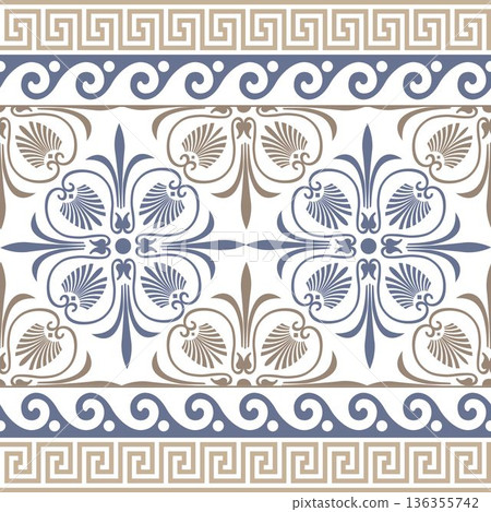 Repeating horizontal border pattern featuring ancient Greek motifs: meander, wave, kyma, and palmette designs in muted blue and beige tones, golden, on white. 136355742