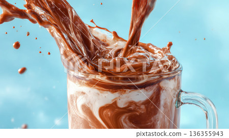 Chocolate mill pouring into a glass mug on a blue background 136355943