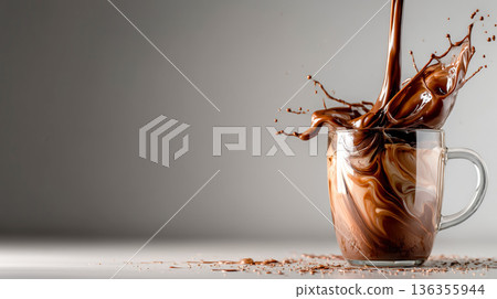 Chocolate splatters into a glass mug 136355944