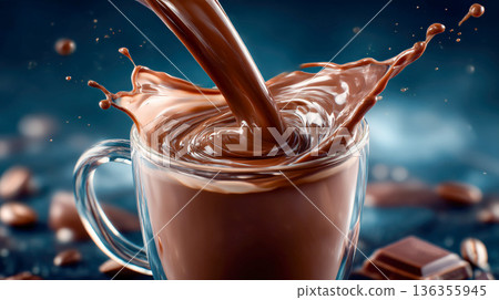 Rich chocolate drink poured into a glass 136355945