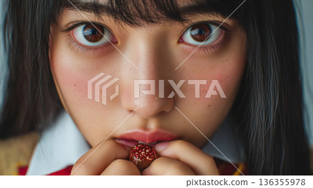 女孩手捧草莓的特寫肖像 136355978