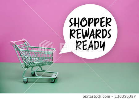 Shopper Rewards Ready text with trolley shopping cart Shopper Rewards Ready text with trolley shopping cart 136356387