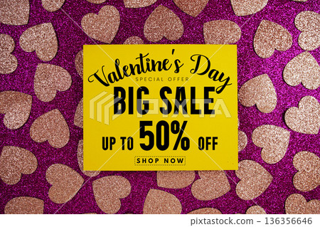 Valentine's Big Sale 50% off with pink heart on pink glitter background Valentine's Big Sale 50% off with pink heart on pink glitter background 136356646