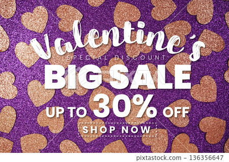Valentine's Big Sale 30% off with pink heart on purple glitter background Valentine's Big Sale 30% off with pink heart on purple glitter background 136356647