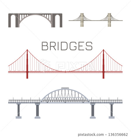 Isolated bridges set. Side view of urban landmark. Industrial drawing of an architectural structure. Modern engineering transport building. Detailed blueprint Isolated bridges set. Side view of urban landmark. Industrial drawing of an architectural structure. Modern engineering transport building. Detailed blueprint 136356662