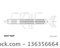 Passenger aircraft outline blueprint. Linear aircraft seat map. Interior of a modern jet aircraft. Top view drawing. Lopa concept 136356664