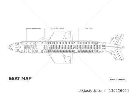 Passenger aircraft outline blueprint. Linear aircraft seat map. Interior of a modern jet aircraft. Top view drawing. Lopa concept 136356664