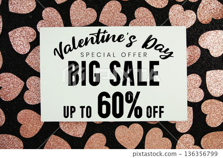 Valentine's Day Big Sale 60% off with pink heart on black glitter background 136356799