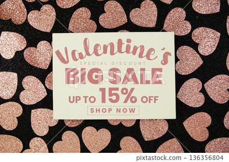 Valentine's Big Sale 15% off with pink heart on black background 136356804