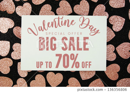 Valentine's Big Sale 70% off with pink heart on black background Valentine's Big Sale 70% off with pink heart on black background 136356806