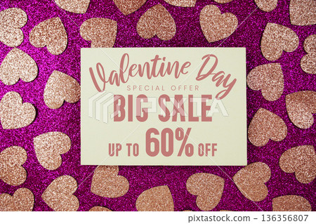 Valentine's Big Sale 60% off with pink heart on pink glitter background 136356807