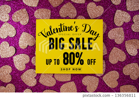 Valentine's Big Sale 80% off with pink heart on pink glitter background Valentine's Big Sale 80% off with pink heart on pink glitter background 136356811