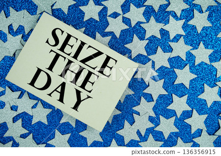 Seize The Day Card on Blue Glitter Star Background 136356915