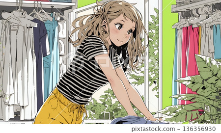 一位年輕女子從衣櫃裡挑選要穿的衣服。 136356930