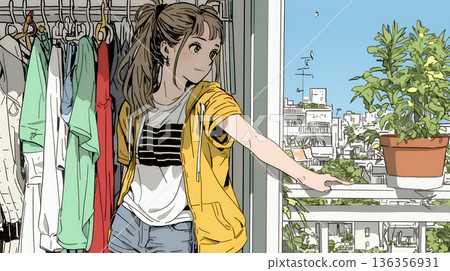 一位年輕女子從衣櫃裡挑選要穿的衣服。 136356931
