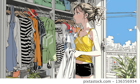 A young woman choosing clothes to wear from her closet 136356934