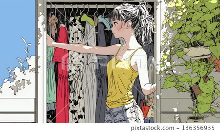 一位年輕女子從衣櫃裡挑選要穿的衣服。 136356935