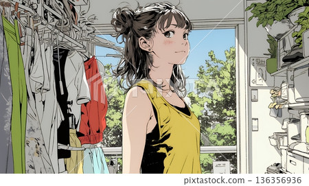 一位年輕女子從衣櫃裡挑選要穿的衣服。 136356936