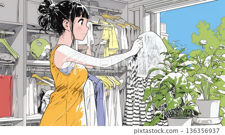 一位年輕女子從衣櫃裡挑選要穿的衣服。 136356937
