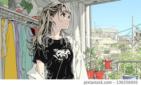 一位年輕女子從衣櫃裡挑選要穿的衣服。 136356950