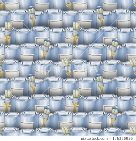 Seamless drawing from cans of paint and brushes. Watercolor illustration of the painter's working tools. Horizontal realistic background for the design of repair and construction businesses. Seamless drawing from cans of paint and brushes. Watercolor illustration of the painter's working tools. Horizontal realistic background for the design of repair and construction businesses. 136356956