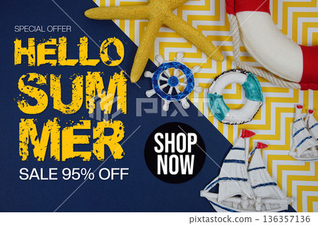 Hello Summer Sale 95% off Promotion Offer Discount Retail Shopping Concept 136357136