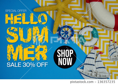 Hello Summer Sale 30% off Promotion Offer Discount Retail Shopping Concept Hello Summer Sale 30% off Promotion Offer Discount Retail Shopping Concept 136357235