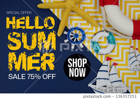 Hello Summer Sale 75% off Promotion Offer Discount Retail Shopping Concept 136357251