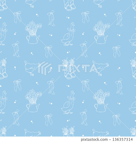 A cute seamless white and blue pattern with hand-drawn geese, chickens, bows, and flowers. Funny farm birds with bows. Spring and summer garden background. Vector illustration. Easter pattern 136357314