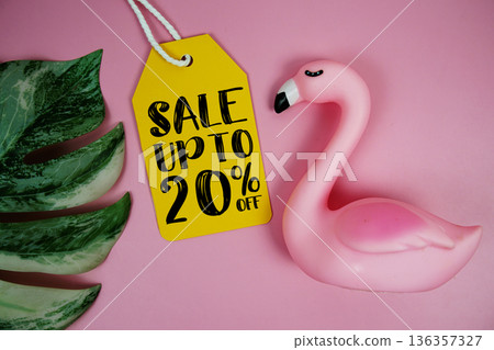Price tag Sale 20% with summer decorations on pink background Price tag Sale 20% with summer decorations on pink background 136357327
