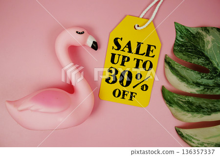 Price tag Sale 30% with summer decorations on pink background Price tag Sale 30% with summer decorations on pink background 136357337