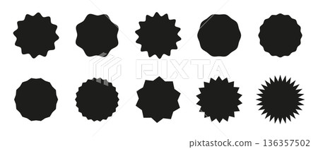 Set of Circle stickers. Wavy edge promo badges collection. Star burst shape tags for price. Black blank sale sticker. Vintage labels in round shape. Simple silhouette. Graphic flat illustration. Set of Circle stickers. Wavy edge promo badges collection. Star burst shape tags for price. Black blank sale sticker. Vintage labels in round shape. Simple silhouette. Graphic flat illustration. 136357502
