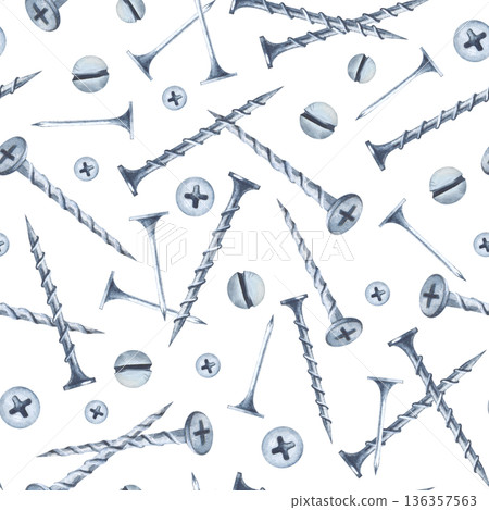 Seamless pattern with screws and nails on an insulated background. Watercolor illustration of a realistic working tool for home renovation. Suitable for packaging, wallpaper, wrapping paper. 136357563