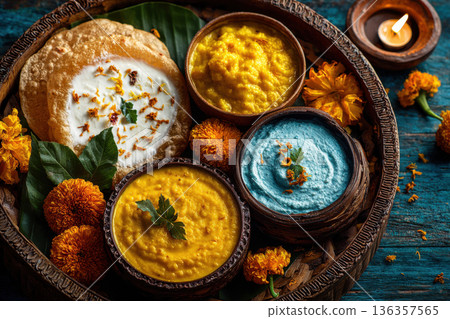A tray with Indian food, flowers, marigolds and candles. A tray with Indian food, flowers, marigolds and candles. 136357565